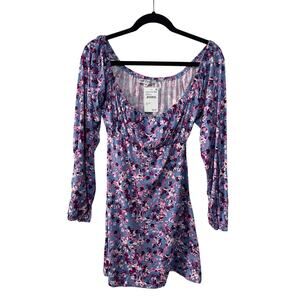 Velvet Torch Womens Medium Blue Pink Floral Long Sleeve Short Dress Swiftie NEW